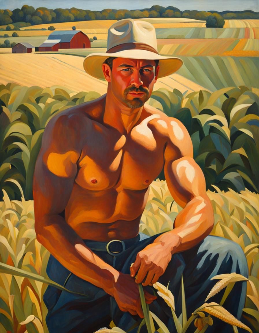 Handsome Farmer in Iowa Cornfield, American Regionalism