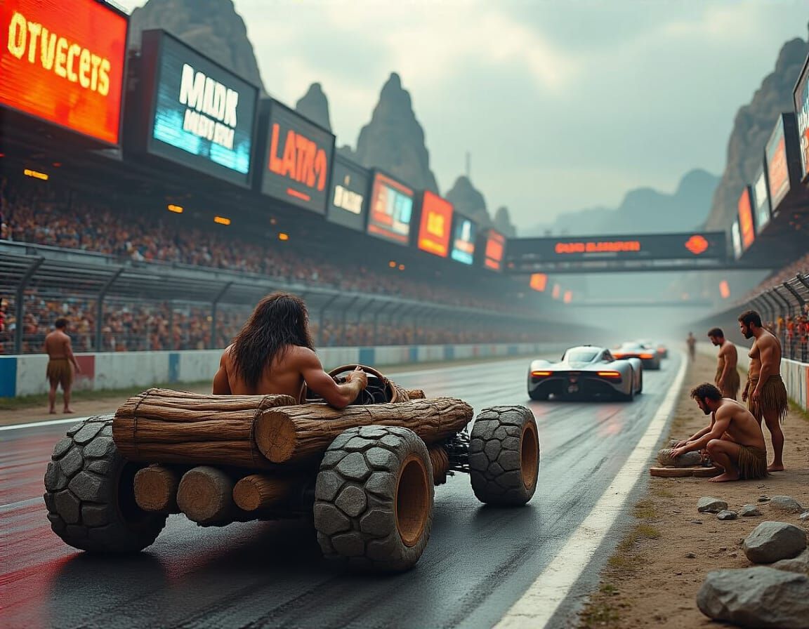 Caveman Pitstop at Futuristic Racetrack