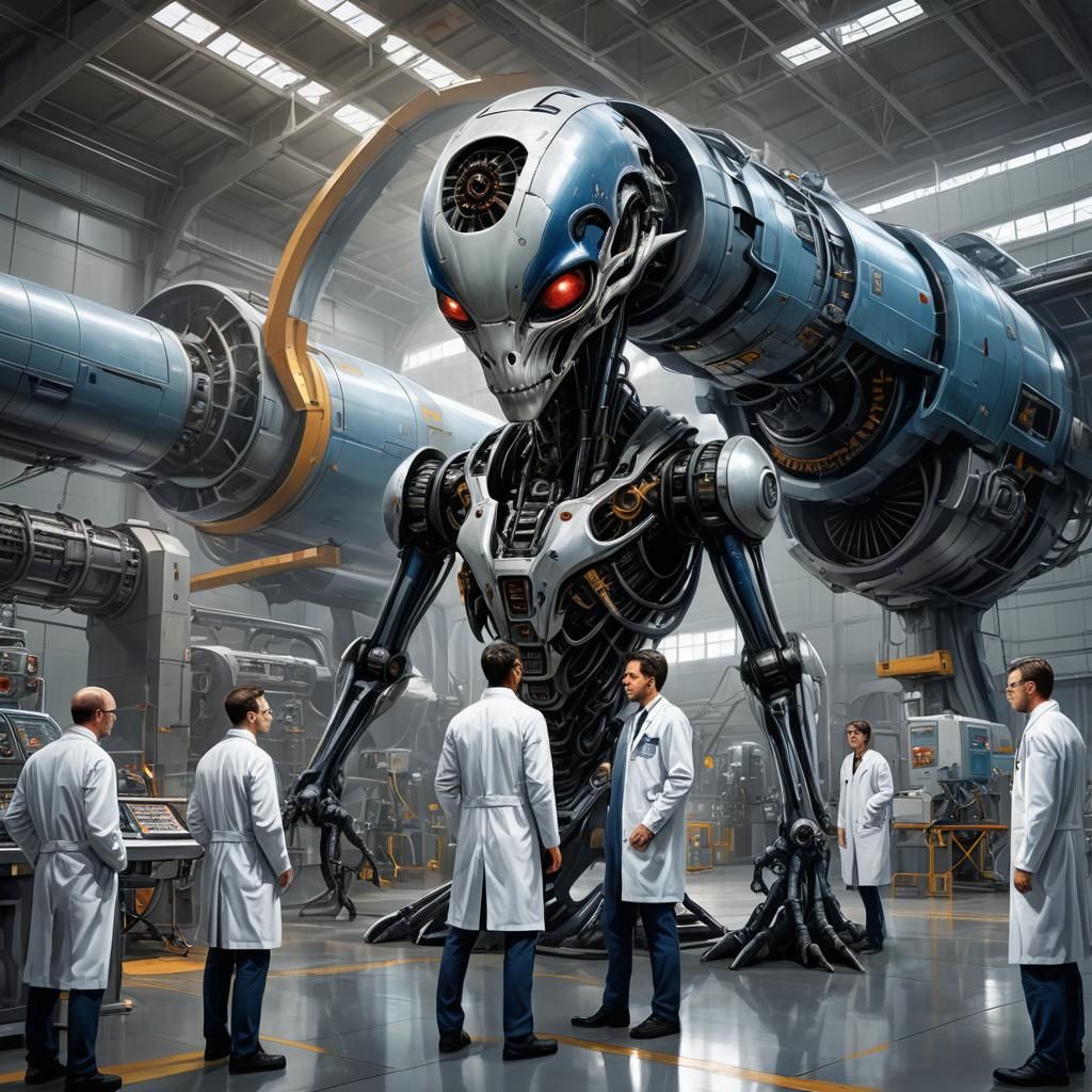 Alien in Hangar: Hyperrealistic Concept Art