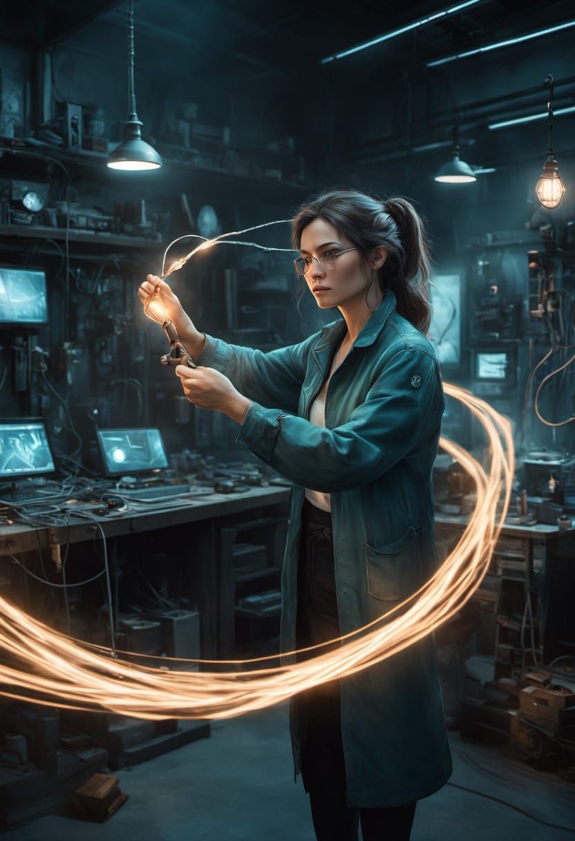 Electrician Manipulates Glowing Cables in Modern Workshop