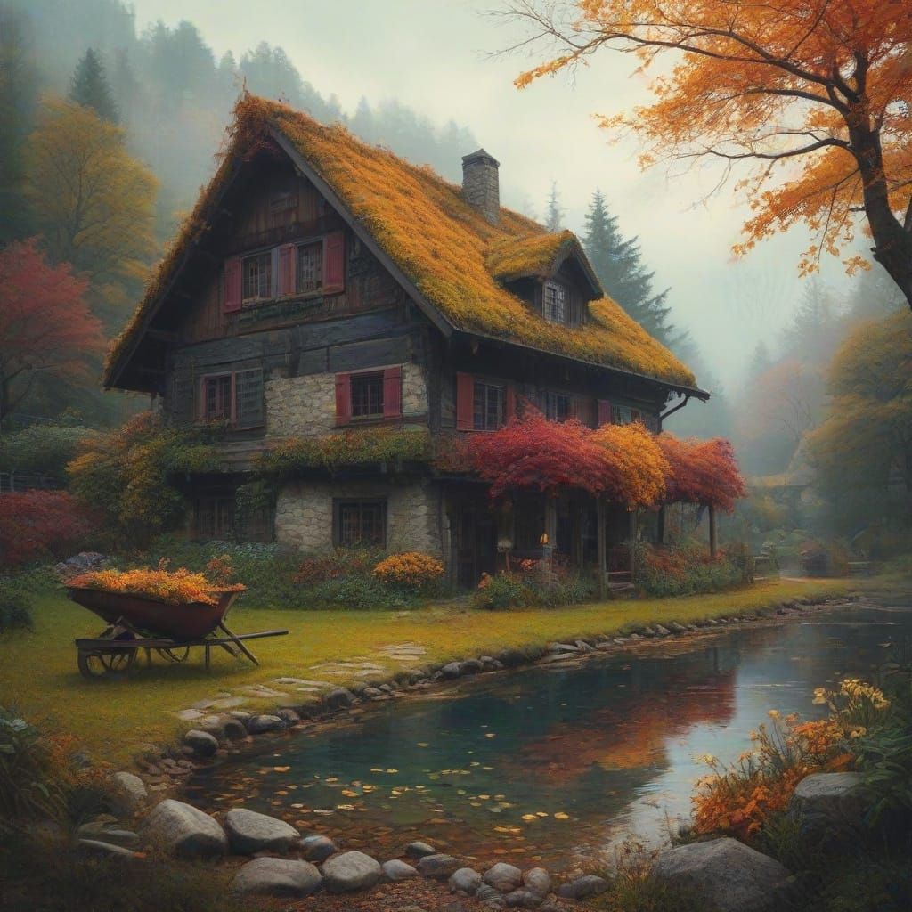 Autumnal Swiss Chalet Scene in Vibrant Colors