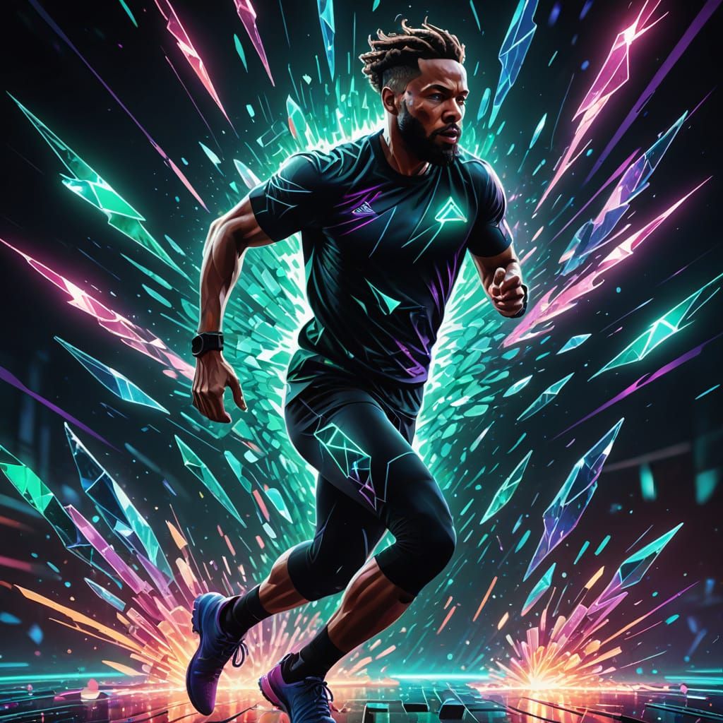 Sprinter Silhouette Shattering Crystals in Neon Noir Style