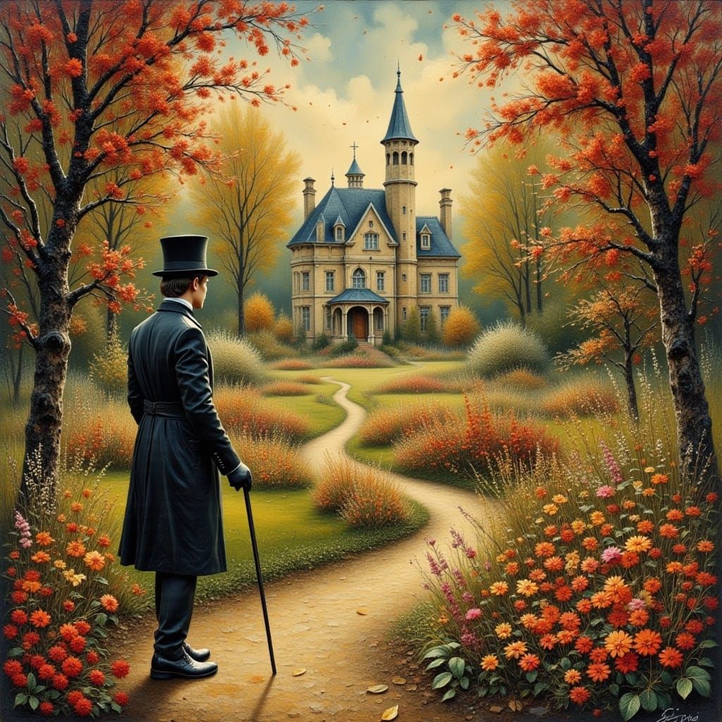 Surreal Englishman in Whimsical Garden Landscape