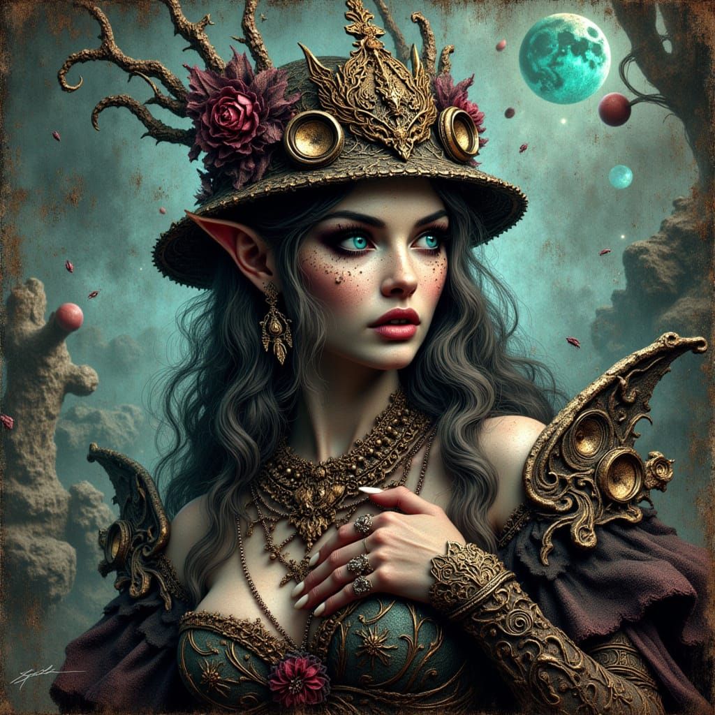 Steampunk Elf in Surreal Landscape Oil Painting