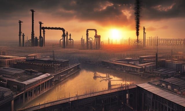 Epic Industrial Sunset: Detailed Digital Matte Painting