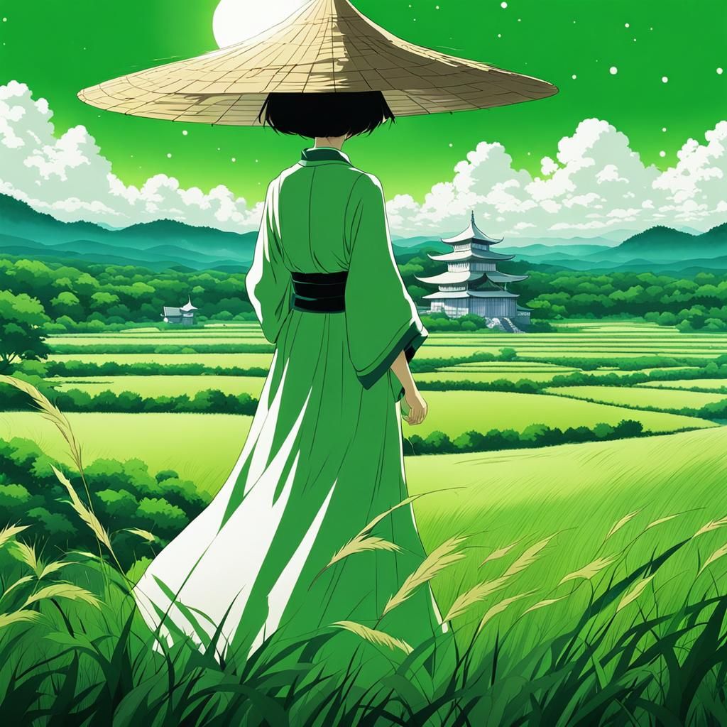 Anime-Style Witch in Serene Green Landscape
