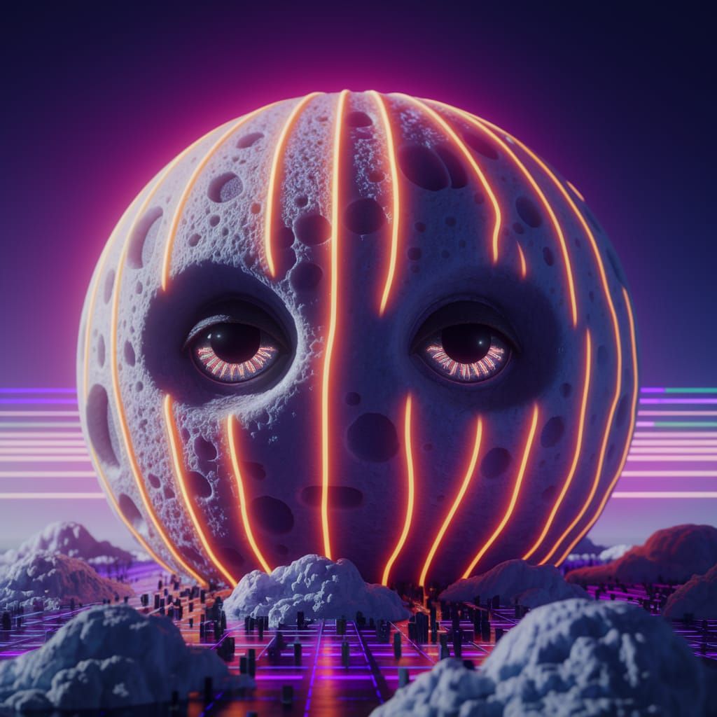 Neon Retro Synthwave Moon Goddess Made of Glowing Cheese