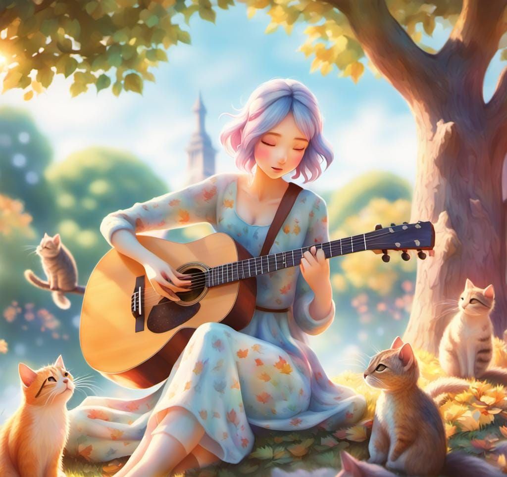 Girl Playing Guitar with Animals: 3D Anime Art