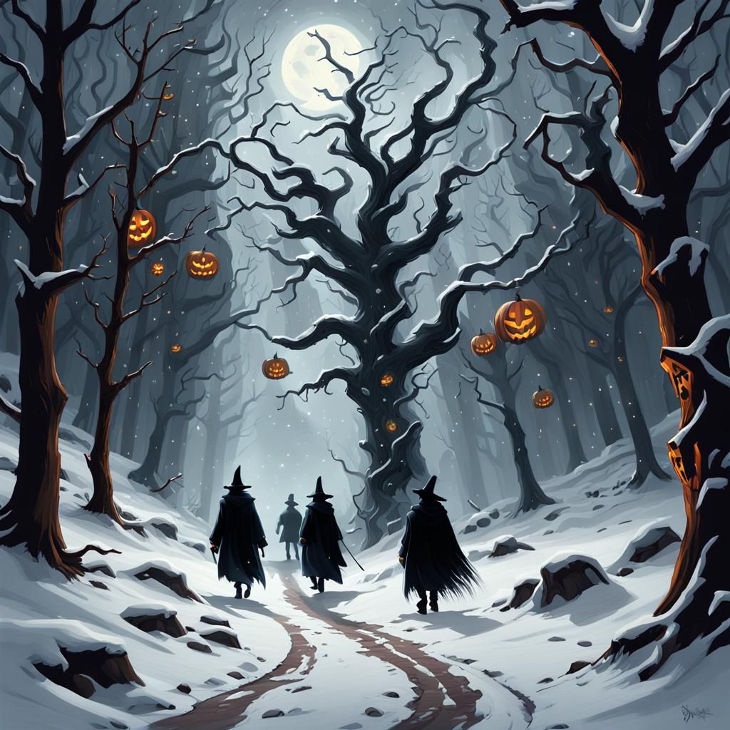 Halloween Night in Snowy Forest, Digital Painting
