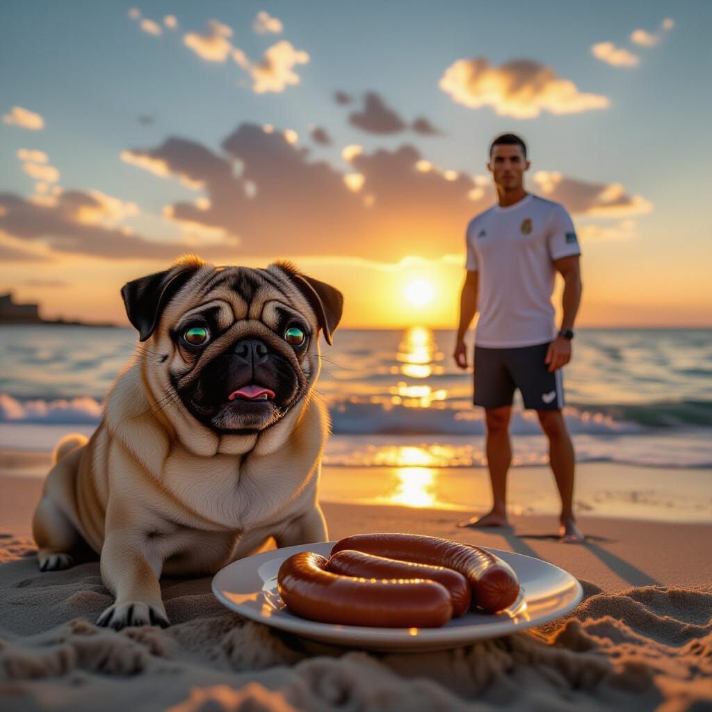 Pug Eats Sausages by Black Sea with Ronaldo