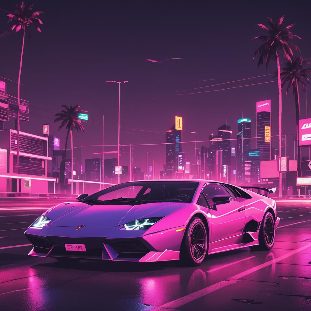 Synthwave Lamborghini in Retro Neon Style