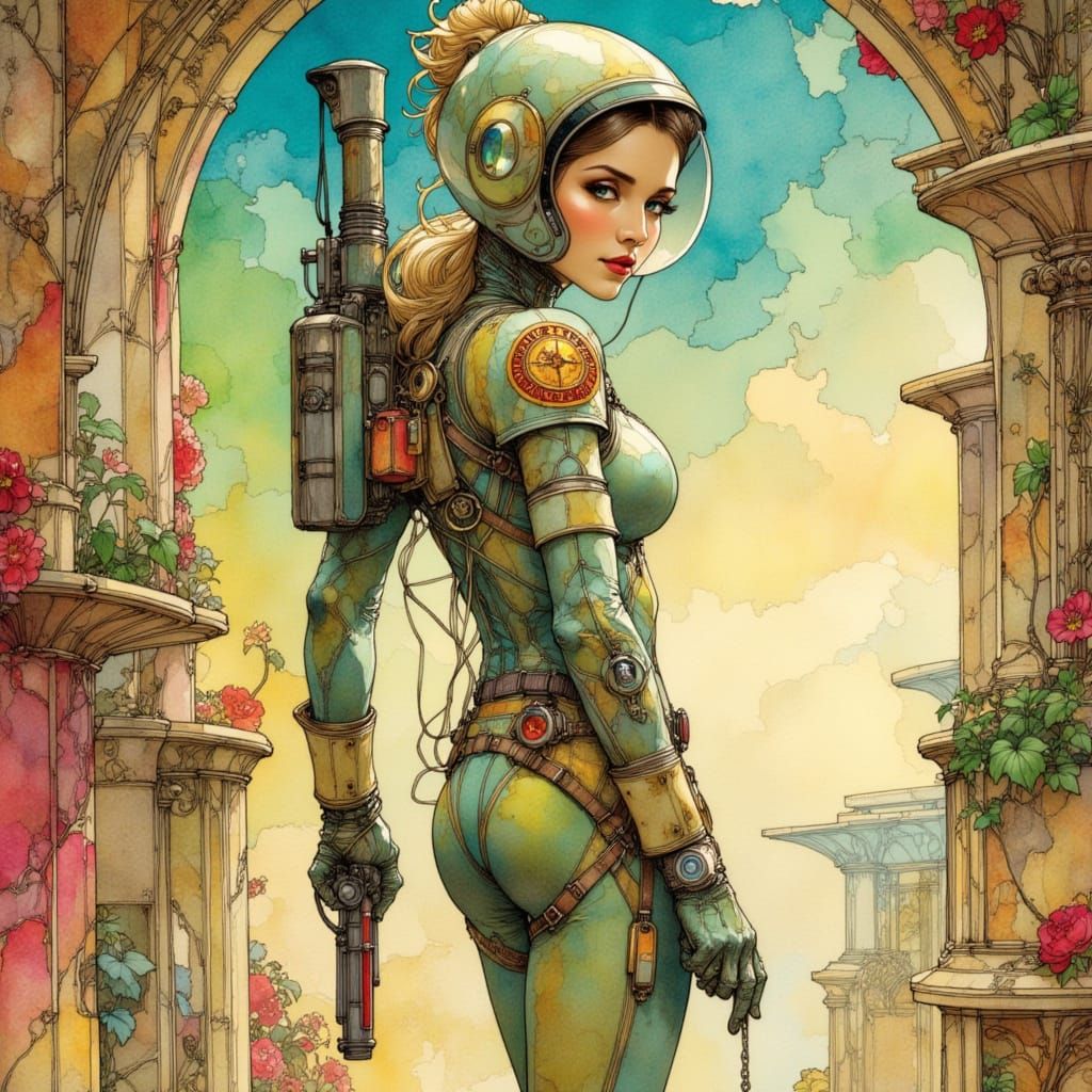 Art Nouveau Woman in Retro-Futuristic Spacesuit