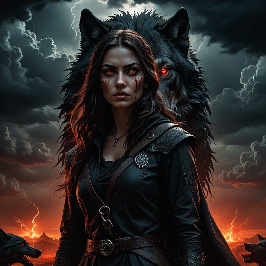 Young Woman and Wolf in Dark Fantasy Style