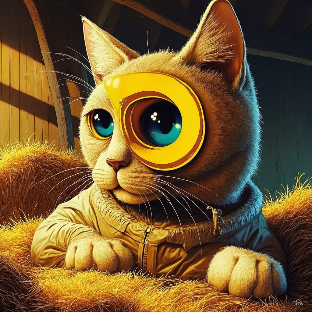 Whimsical Cat Astronomer in Hayloft, Surrealist Cubist Style