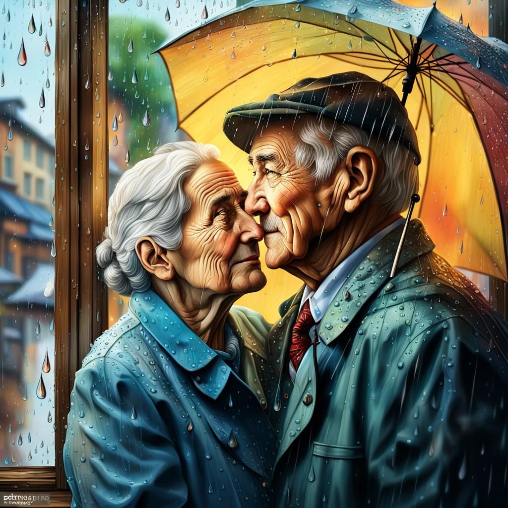 Hyperrealistic Old Couple Embrace in Rainy Window