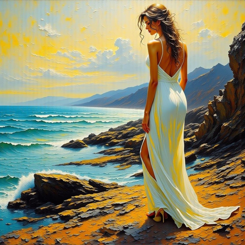 Golden Hour Seascape with Woman, Impasto Style