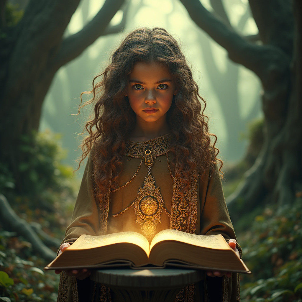 Mystical Girl with Magic Book in Primeval Forest