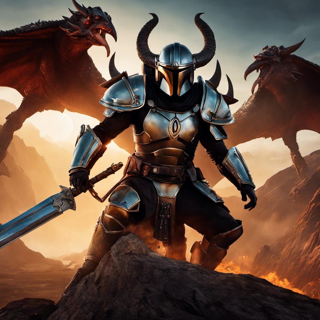 A Mandalorian Barbarian and two alien dragons