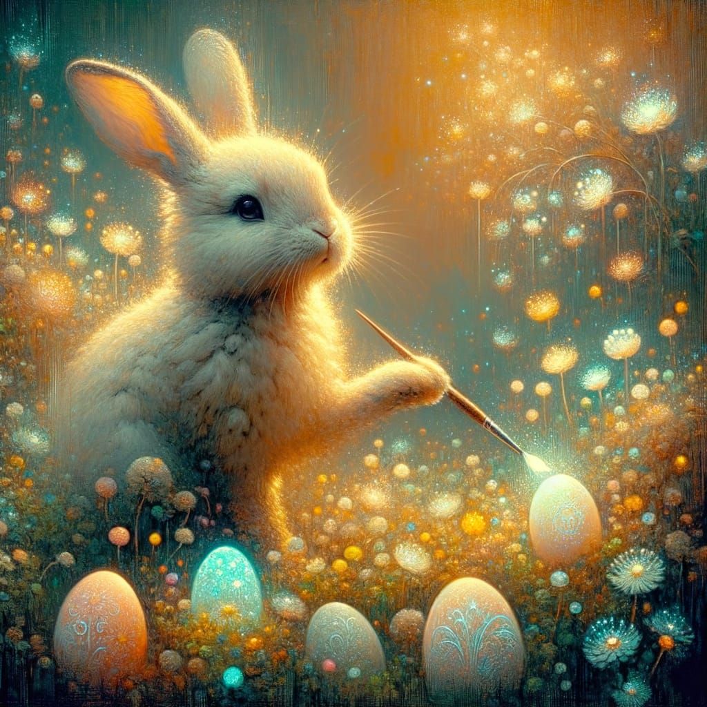 Easter Bunny Painting Bioluminescent Eggs in Sfumato Style