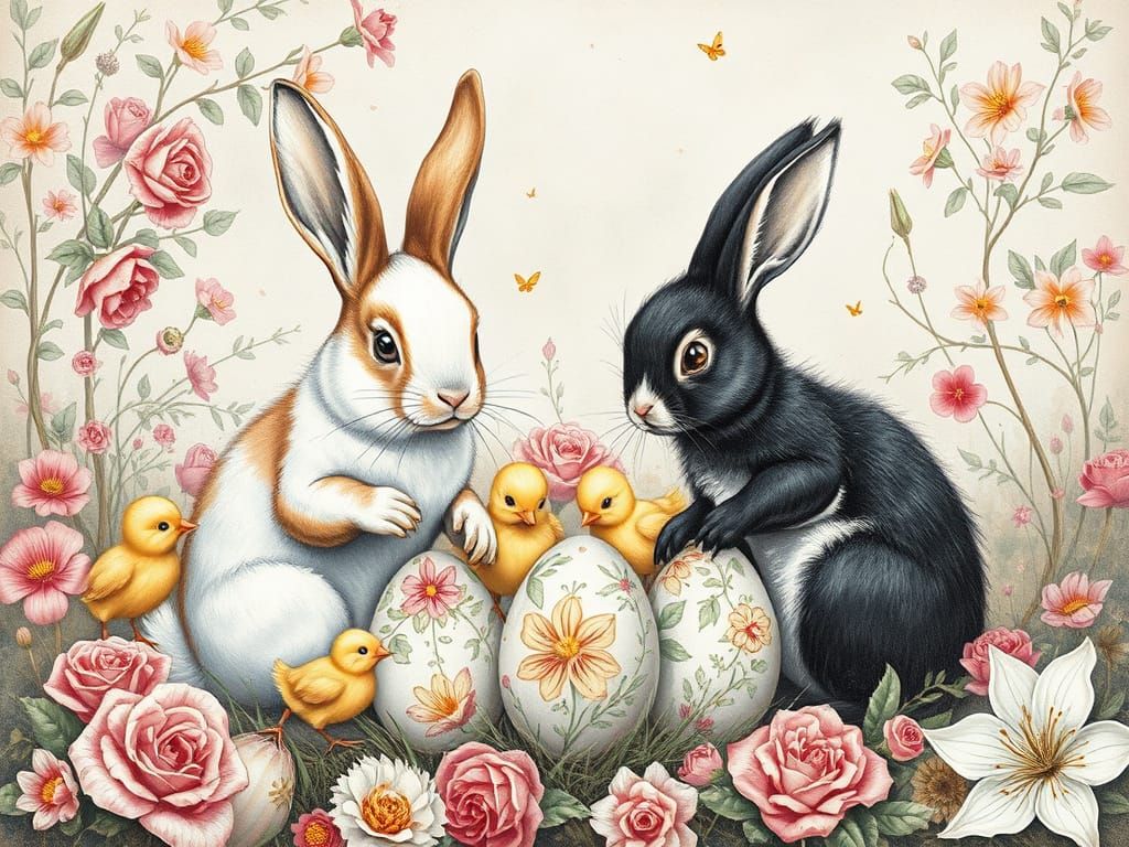 Whimsical Bunnies Painting Easter Eggs, Vintage Charcoal Dra...