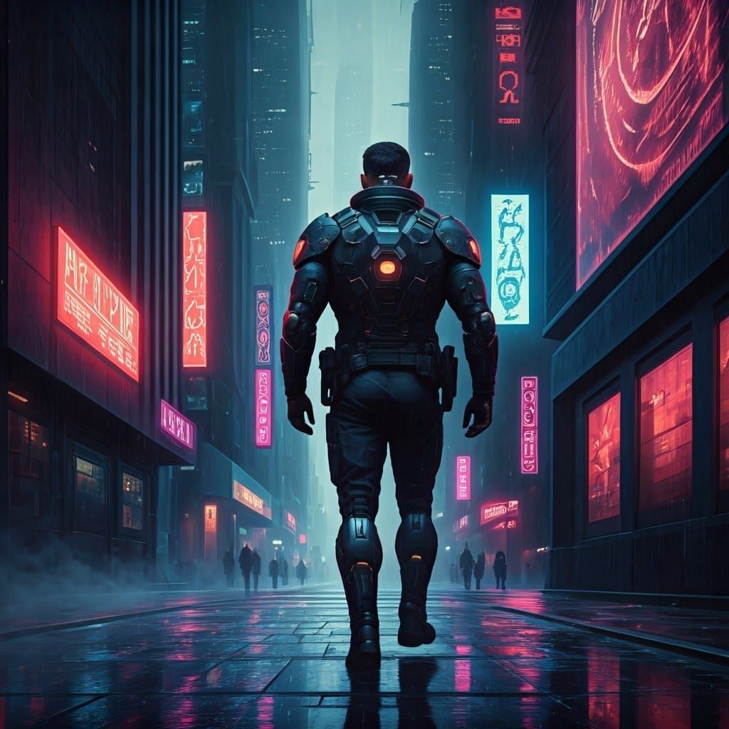 Cyberpunk Policeman Walking Down a Rainy, Neon-Lit Street