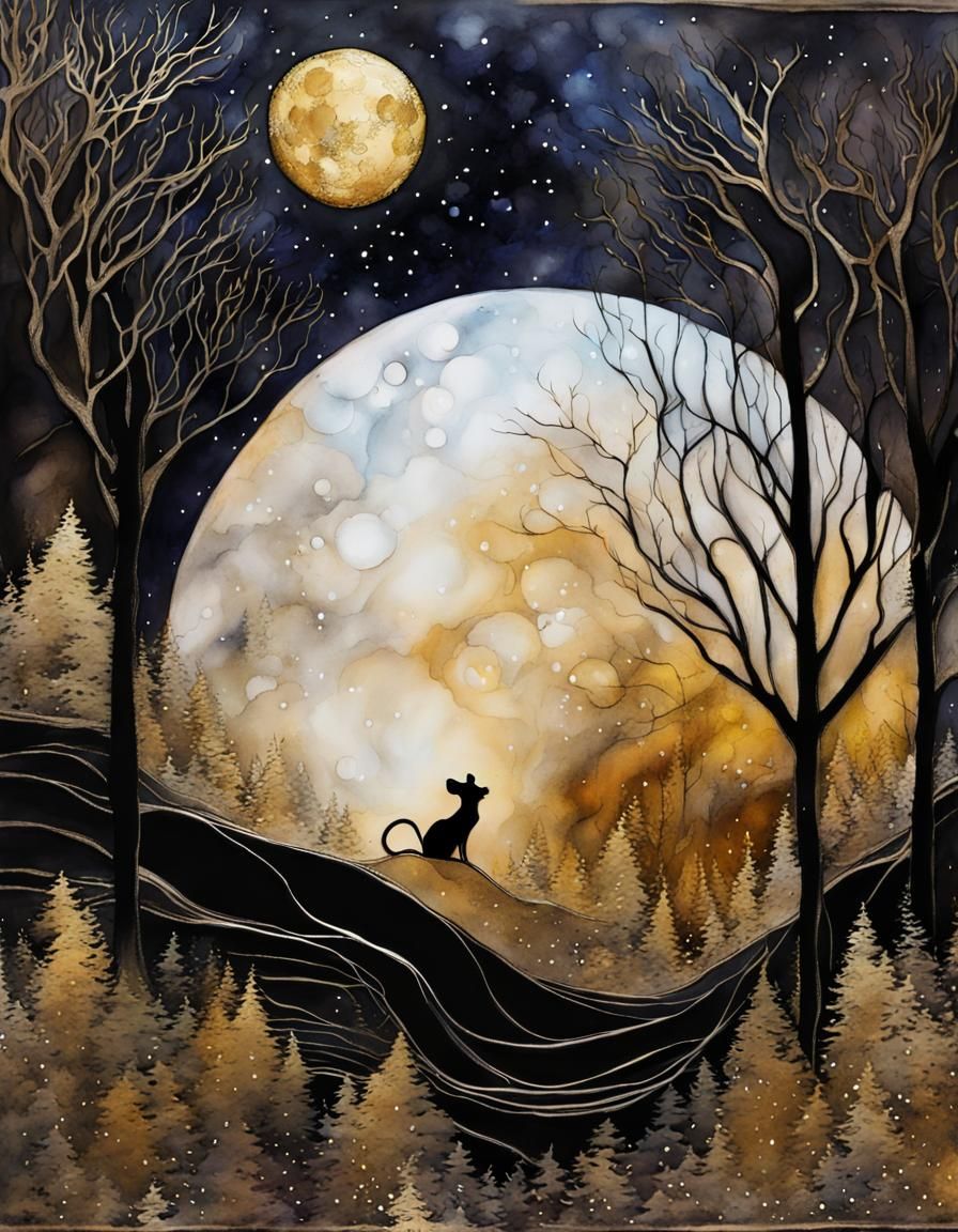 Magical Mouse Under Moon in Alcohol Ink Style