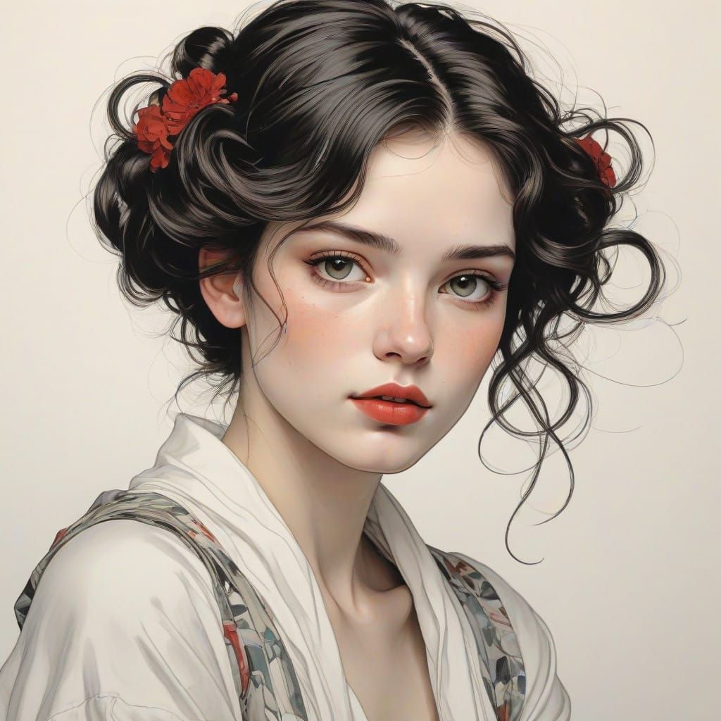 Elegant Maiden in Traditional Pen Sketch Drawing Style