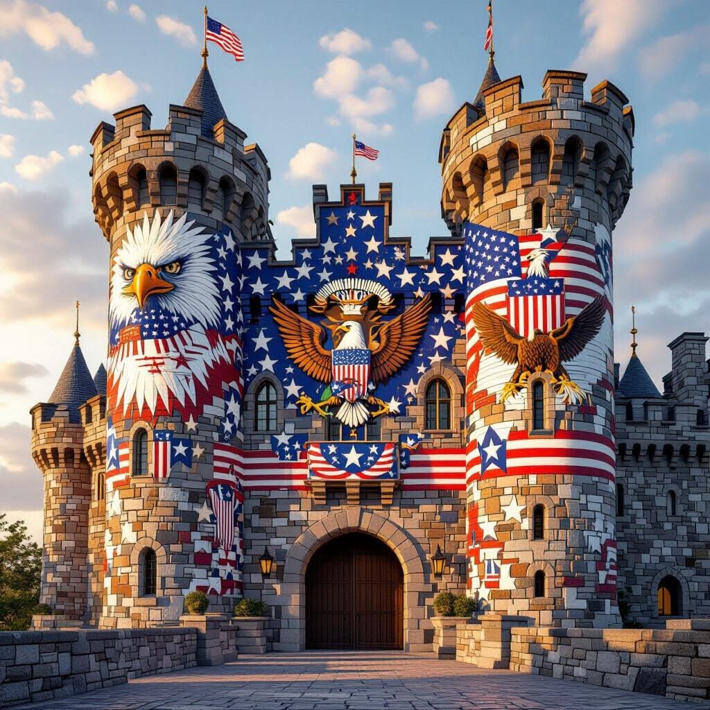 Medieval Castle Adorned with Patriotic American Art