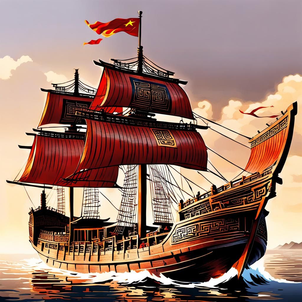 Ancient Chinese Trade Ship on the Open Sea