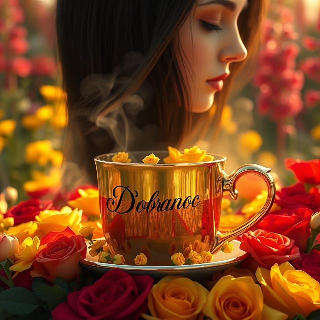Woman Sleeping in Golden Cup with Roses: Fantasy Art