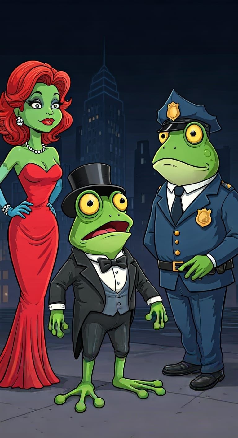 Frog in Tuxedo Arrested: Humorous AI-Generated Scene