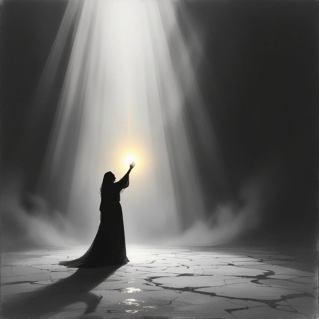 Figure Reaches for Light in Surreal Monochrome Landscape