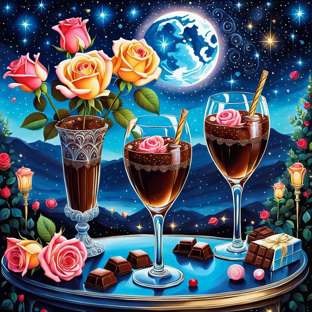 Romantic Champagne, Roses, and Starry Sky