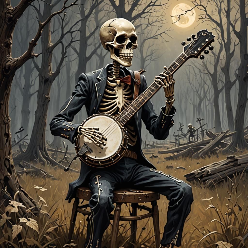 Sinister Skeleton Plays Banjo, Fantasy Art
