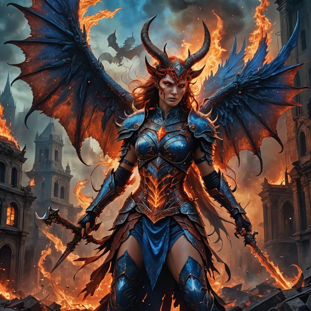 Angel Warrior vs Devil in Apocalyptic Cityscape