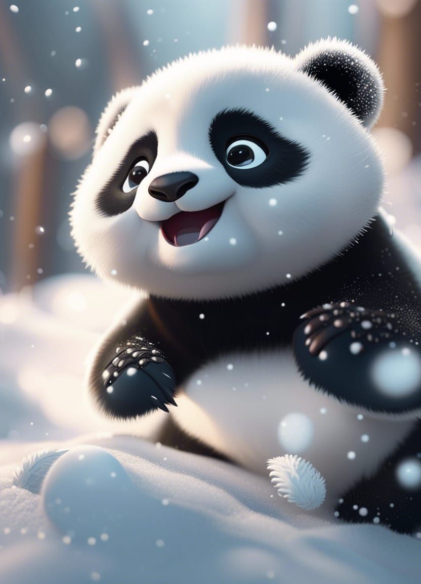 Cute Panda Baby Playing in Snow: Hyperrealistic 4K