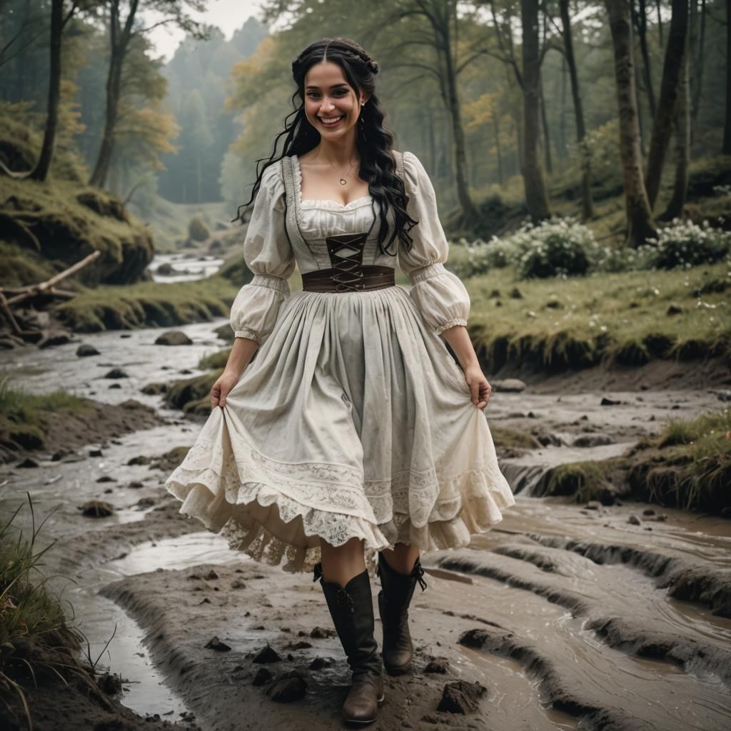 Black Haired Medieval Peasant Girl Walking on a Muddy Path