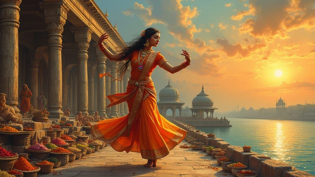 Indian Goddess in Traditional Saree Performs Bharatanatyam D...