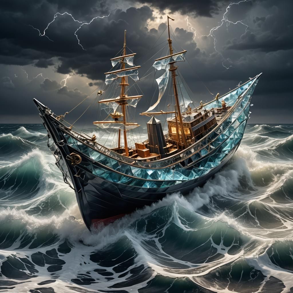 Glass Origami Boat Navigates Stormy Seas