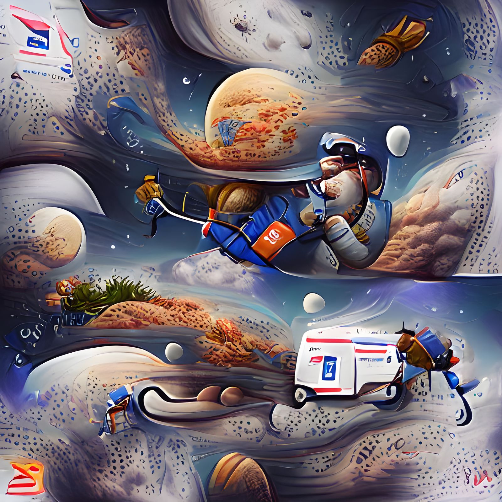 Astronaut Mailman Delivers on Jupiter: A Surreal Scene