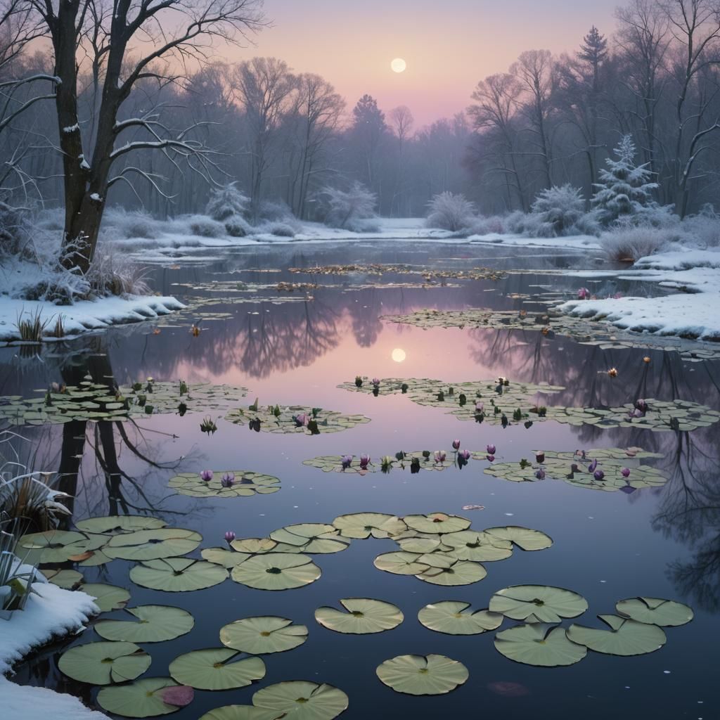 Snowy Lily Pond Digital Painting in Waterhouse Style