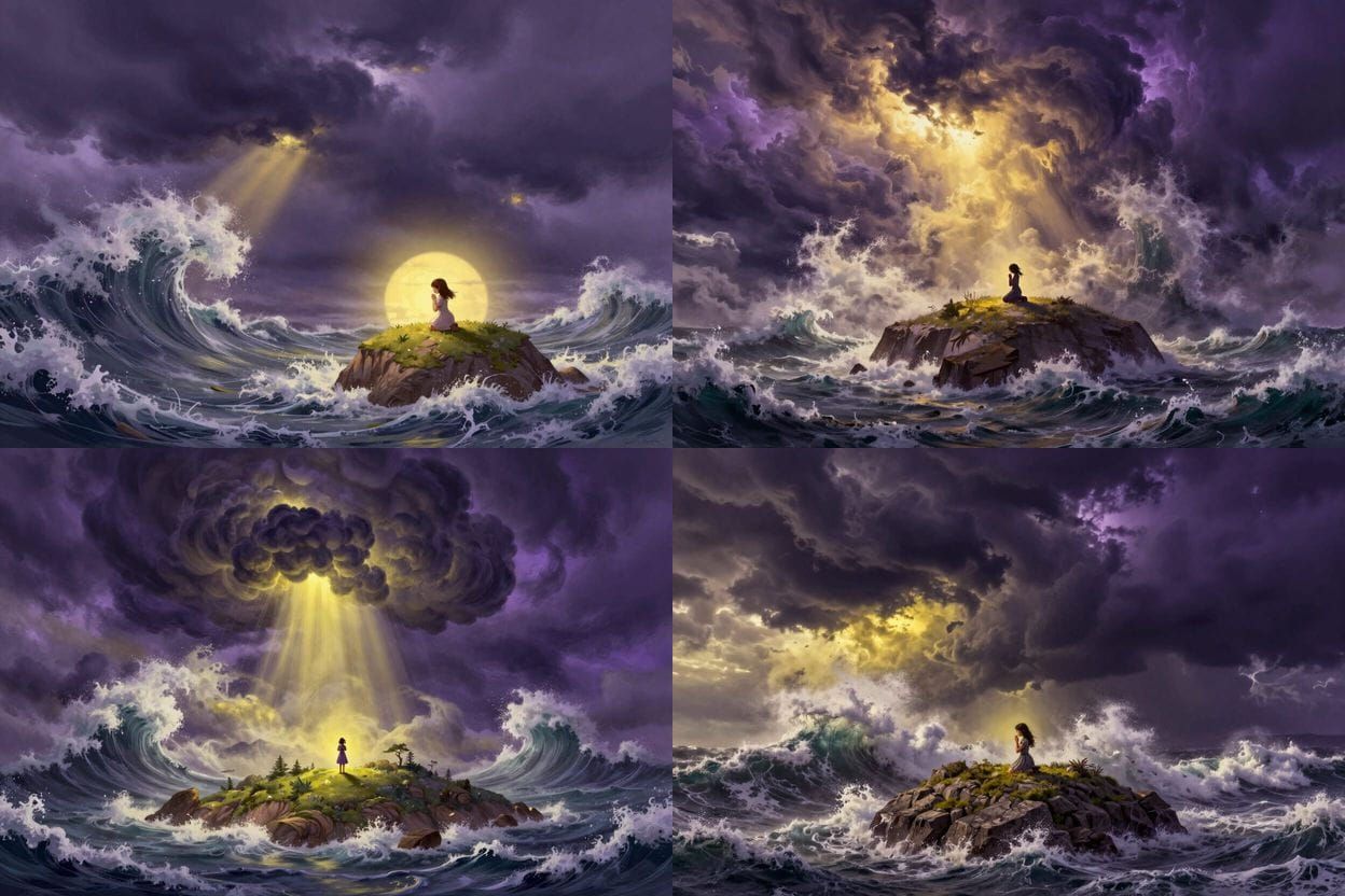 Dark Fantasy Art: Girl Prays on Island During Epic Storm