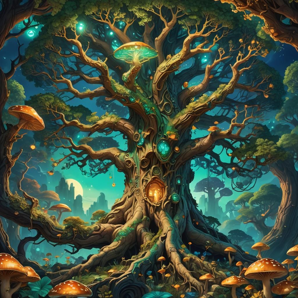 Massive Tree with Glowing Mushrooms: Fantasy Concept Art