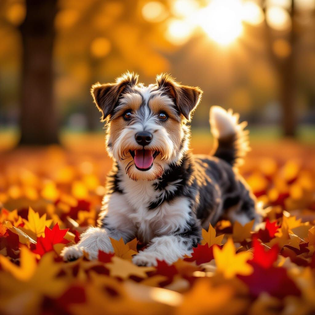 Photorealistic Fox Terrier Playing in Autumn Leaves