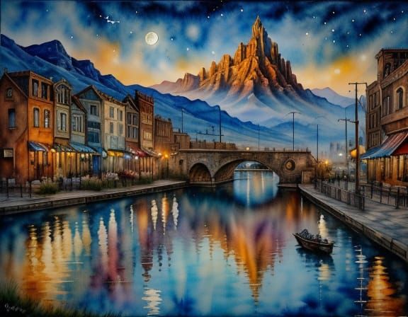 Whimsical Steampunk Watercolor Night Scene of a Desert Town