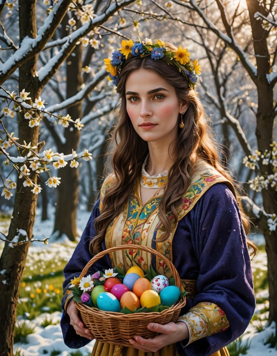 Ostara, Goddess of Easter, with Flowers and Eggs