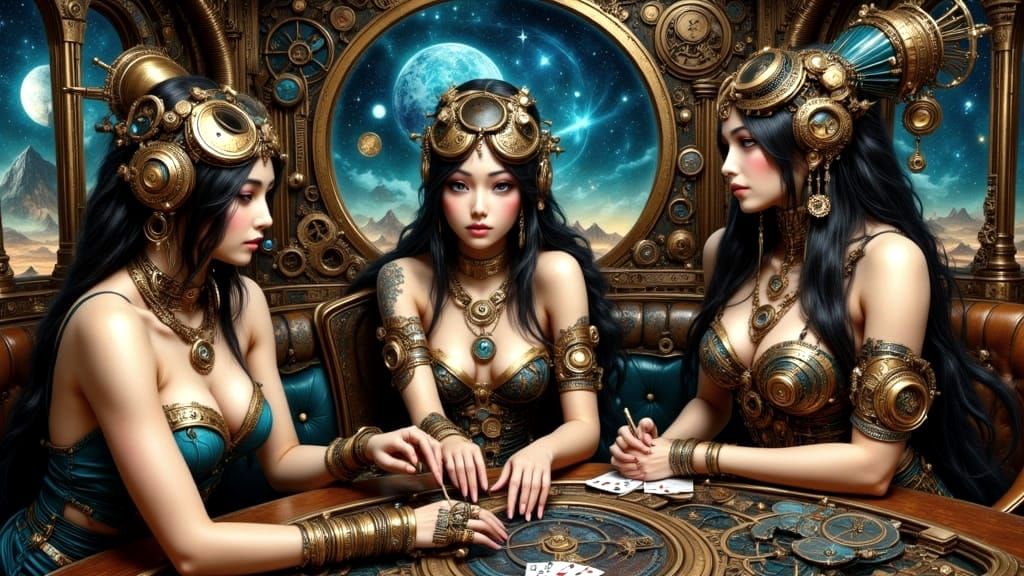 Steampunk Women Play Poker in Airship Dining Room