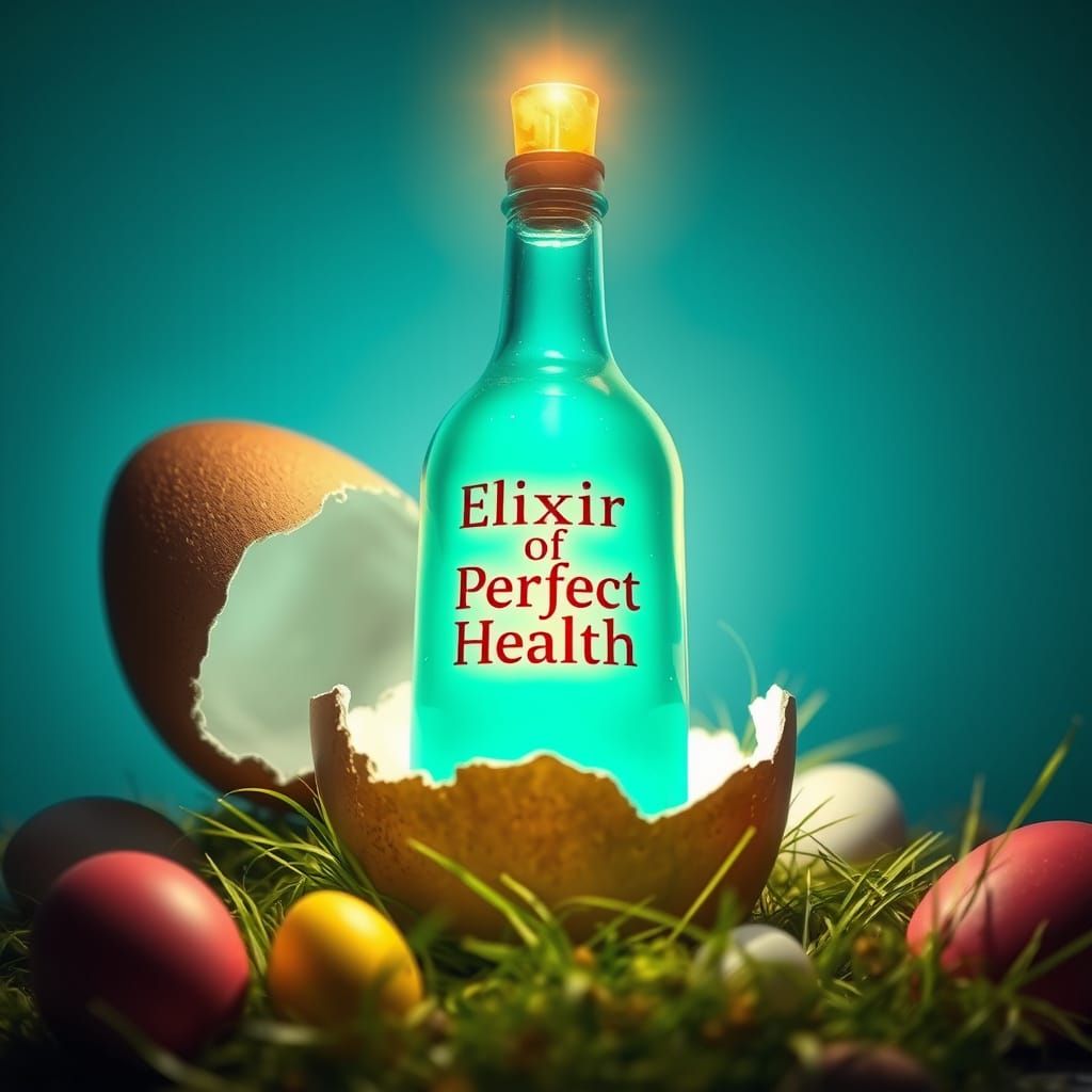 A cracked open Easter egg that contains a glowing bottle of elixir with "Elixir of Perfect Health" printed on it.