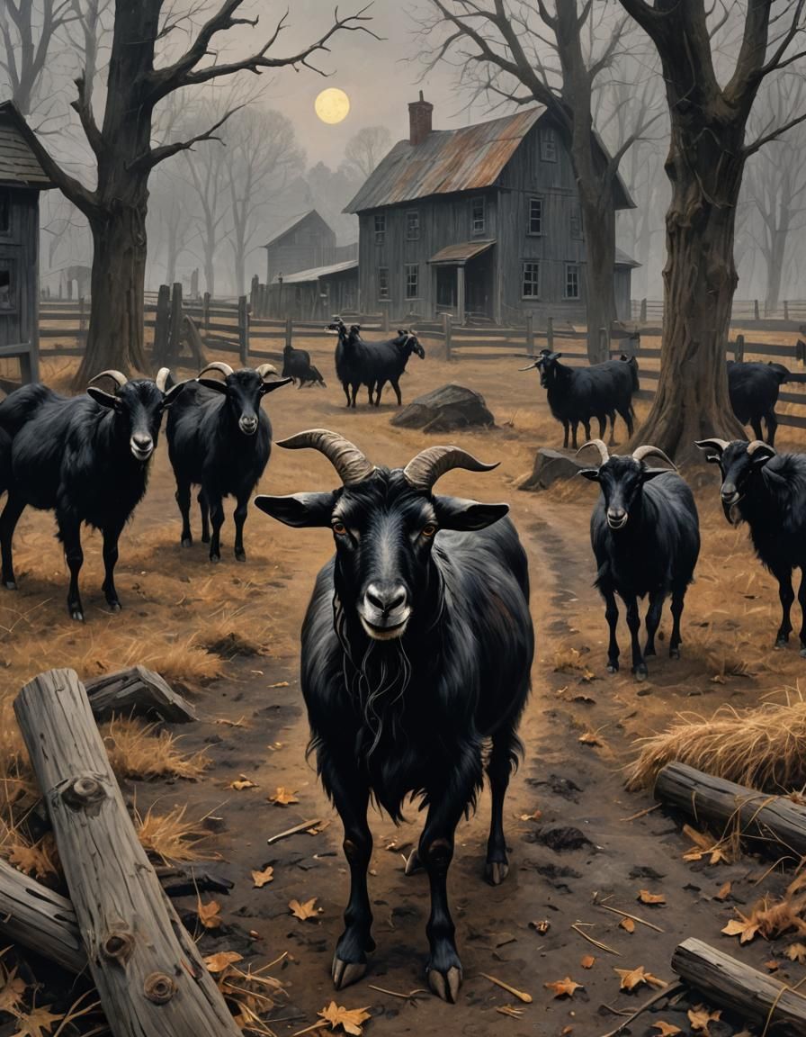 Sinister Black Goat in Puritan Horror Farm