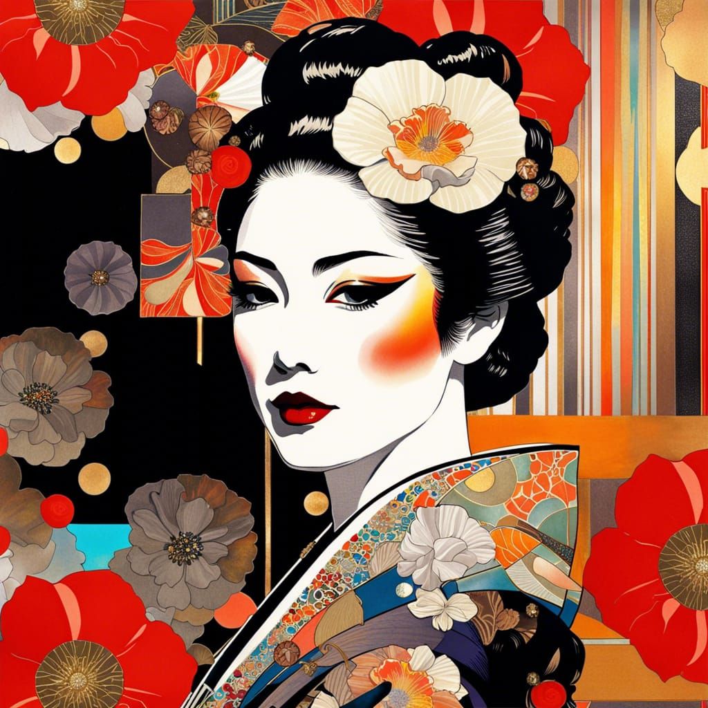 Geisha Girl Poppy Portrait in Leyendecker Style